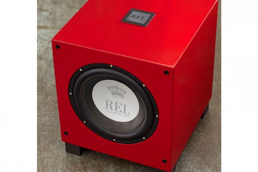 Close view of REL T/9i RED Subwoofer.