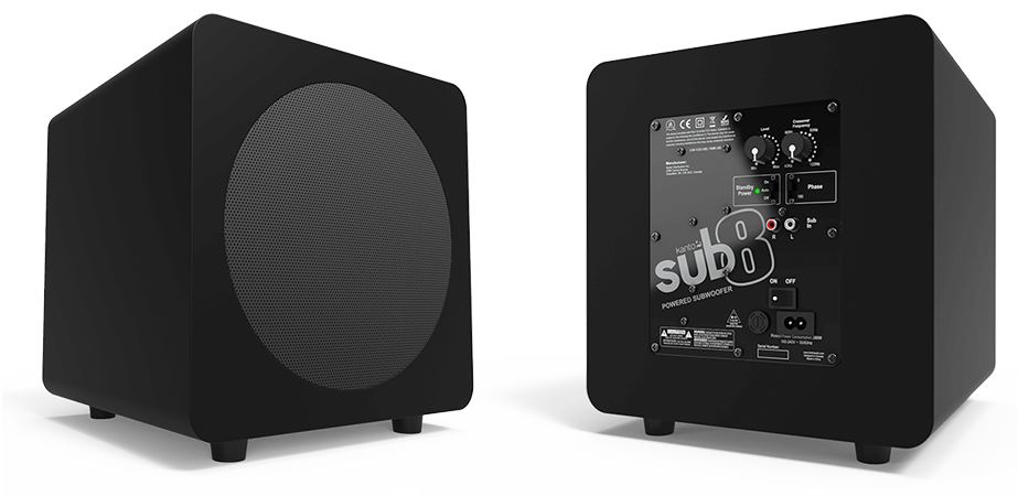 Front and back view of Kanto SUB8 Powered Subwoofer