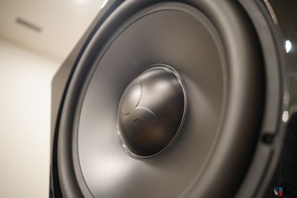 Close view of Revel Ultima Rhythm2 powered subwoofer